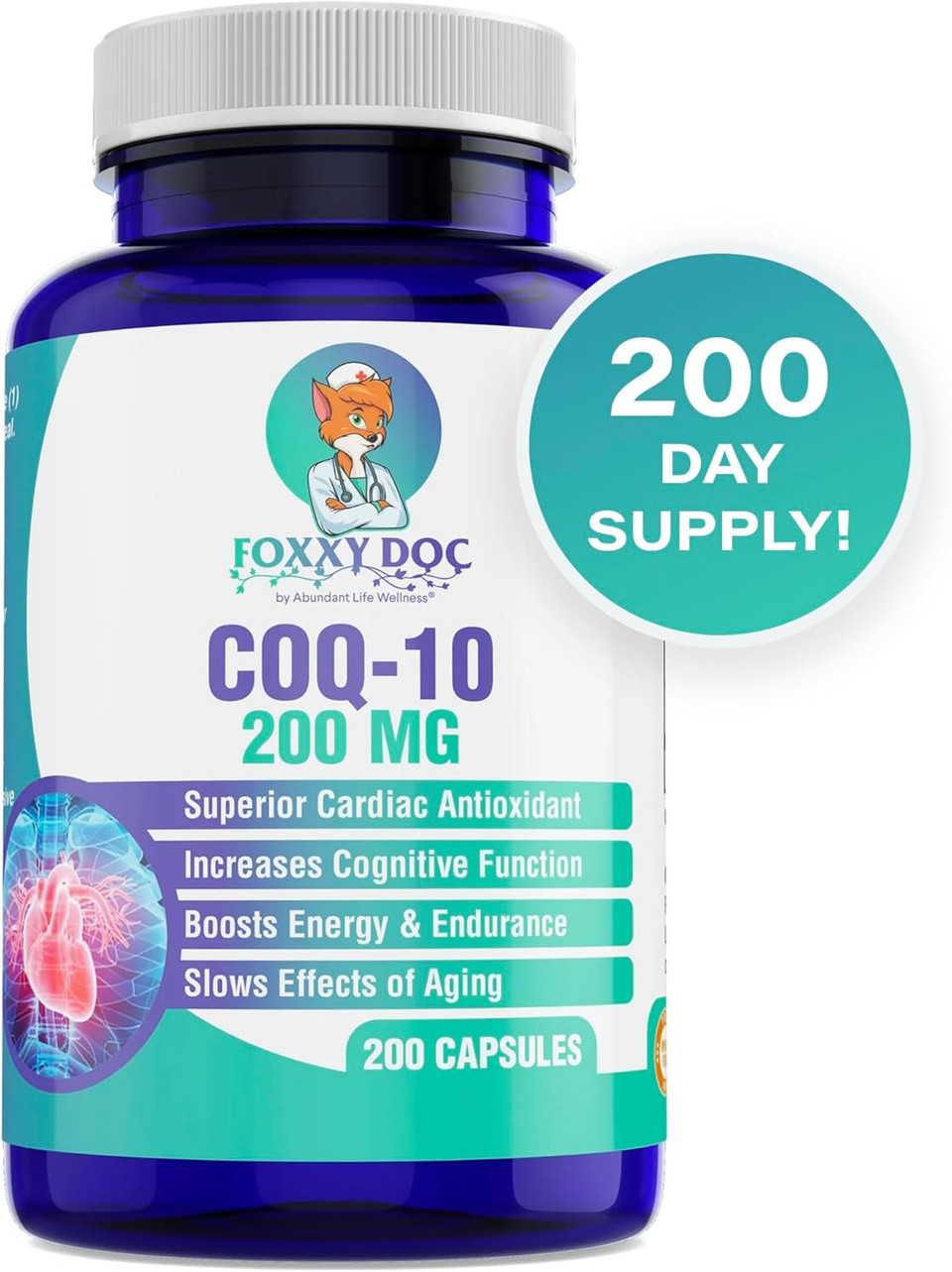 Coq10 - Co-Enzyme Q10-200 Mg - Excellent Value - 200 Caps - Quick Absorption - Veg. Caps - Non-Gmo - Ubiquinone - Heart & Cellular Energy & Brain Supplement By Foxxy Doc Coq10 - Co-Enzyme Q10-200 Mg - Excellent Value - 200 Caps - Quick Absorption - Veg. Caps - Non-Gmo - Ubiquinone - Heart & Cellular Energy & Brain Supplement By Foxxy Doc