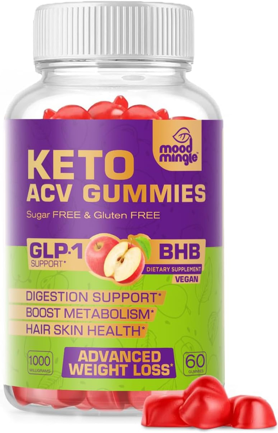 Keto Acv Gummies For Advanced Weight Loss - Gluten & Sugar-Free Apple Cider Vinegar Rapid Fat Burner Diet Supplement For Women Men - 60 Gummies (1000Mg)
