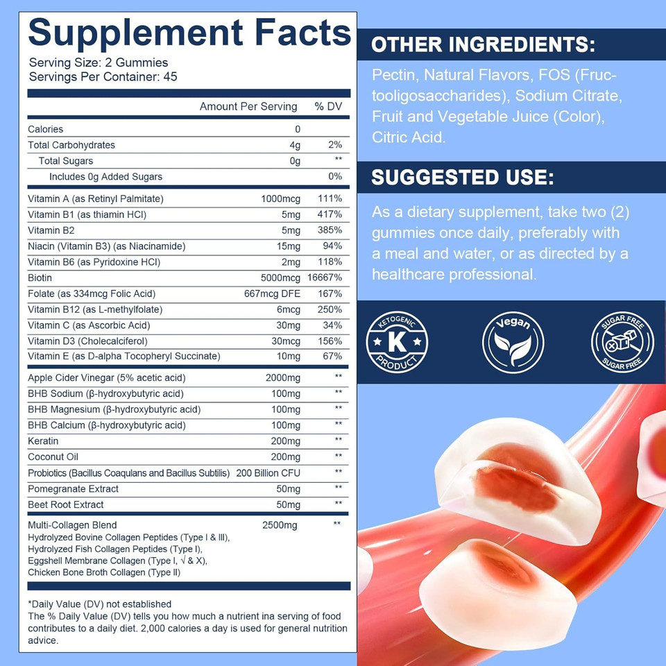 21 In 1 Keto Acv & Collagen Gummies, Sugar Free Apple Cider Vinegar Gummies With Biotin, Probiotics, Vitamins For Healthy Hair, Skin, Nails & Digestive Support, Apple Flavored, 90 Count