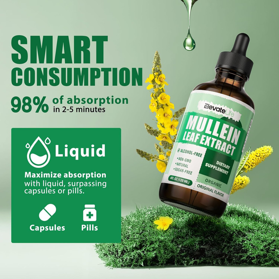 Mullein Drops For Lungs - Mullein Leaf Extract Supplement - Lung Detox & Bronchial Cleanse For Smokers - Respiratory Health Support - 4Oz