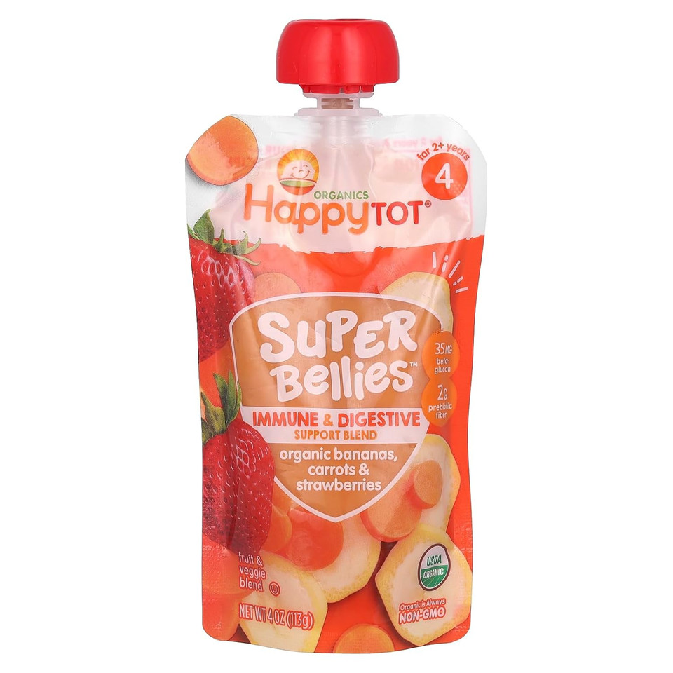 Happy Tot Organics Super Bellies Stage 4 Immune + Digestive Support Blend Organic Bananas, Carrots & Strawberries Pouch 4 Oz