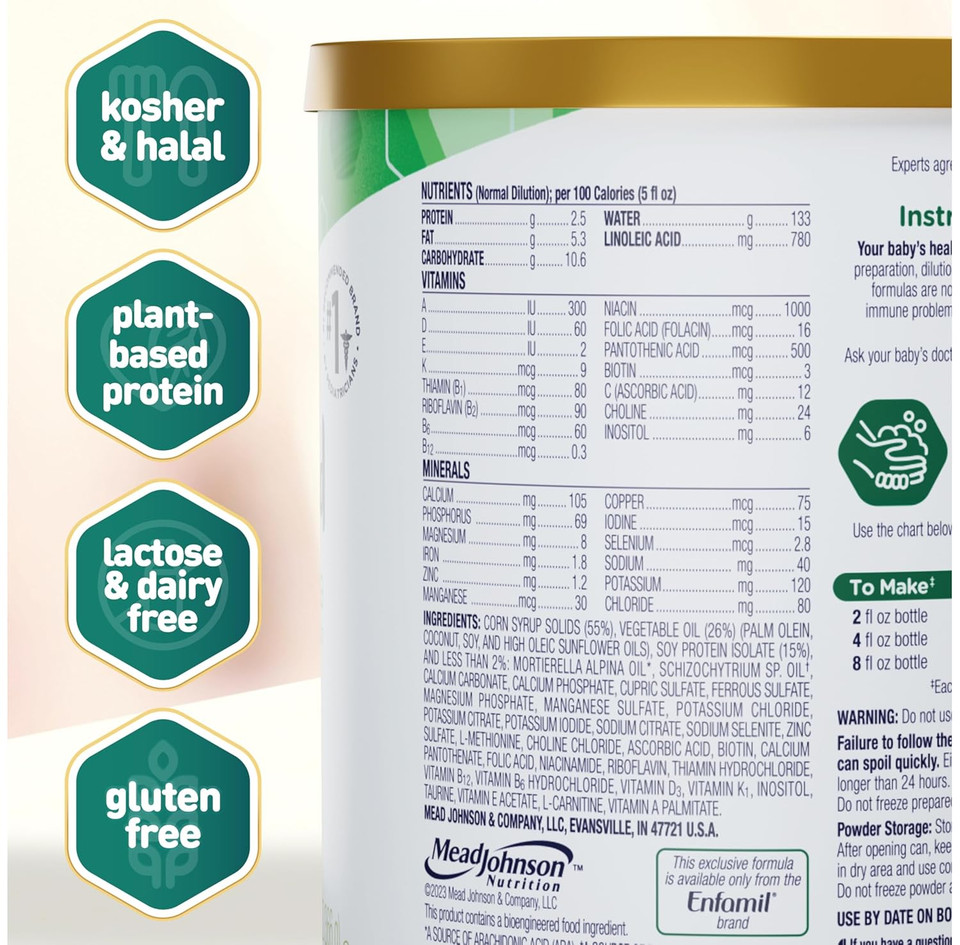 Enfamil Prosobee Plant Based Baby Formula, For Sensitive Tummies, Soy-Based Plant Sourced Protein, Vitamins For Immune Support, Lactose-Free, Milk Free, Gluten Free, 20.9 Oz Can, 4 Count