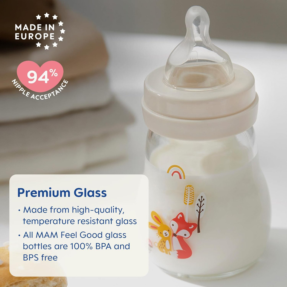 Mam Feel Good Medium Flow Premium Glass Baby Bottles, Easy Switch Between Breast And Bottle, 9Oz, 2+ Months, Unisex, 3 Pack