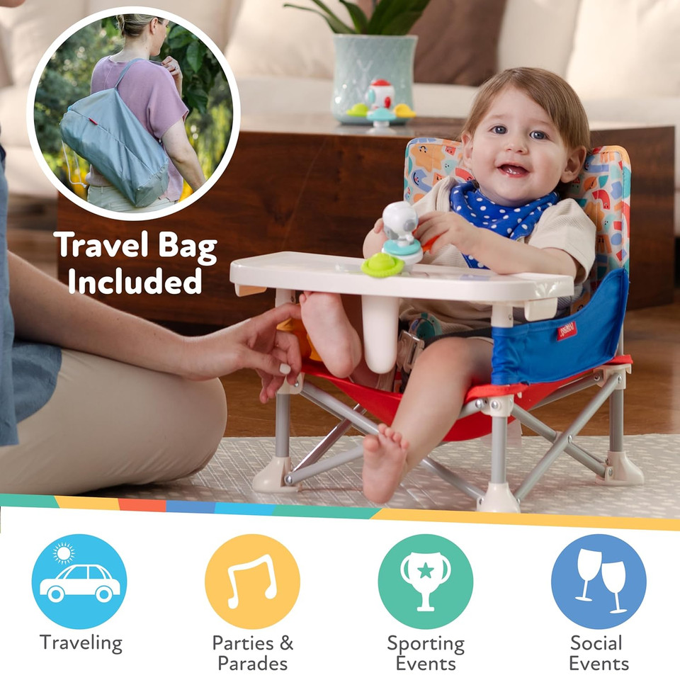 Nuby Pop-Up Booster Seat With Removable Tray - 6+ Months - Portable Booster Seat For Floor For Indoor/Outdoor Use - 3-Point Safety Adjustable Straps - Summer Travel Essentials - Chevron