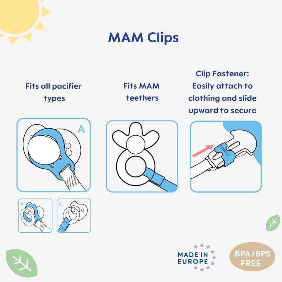 Mam Pacifier Clips For Baby Girls With Fasteners And Flexible Rings, Designs May Vary, 2 Count