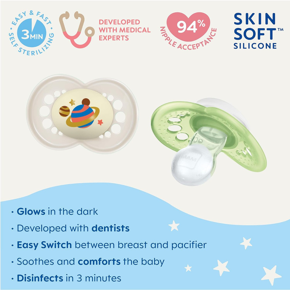 Mam Original Night Pacifiers, Binky Pacifier For 6-16 Months, Bpa-Free Silicone, Glows In The Dark, Best For Newborn Babies, Developed With Medical Experts, 2 Count Binkies, With Sterilizer Case