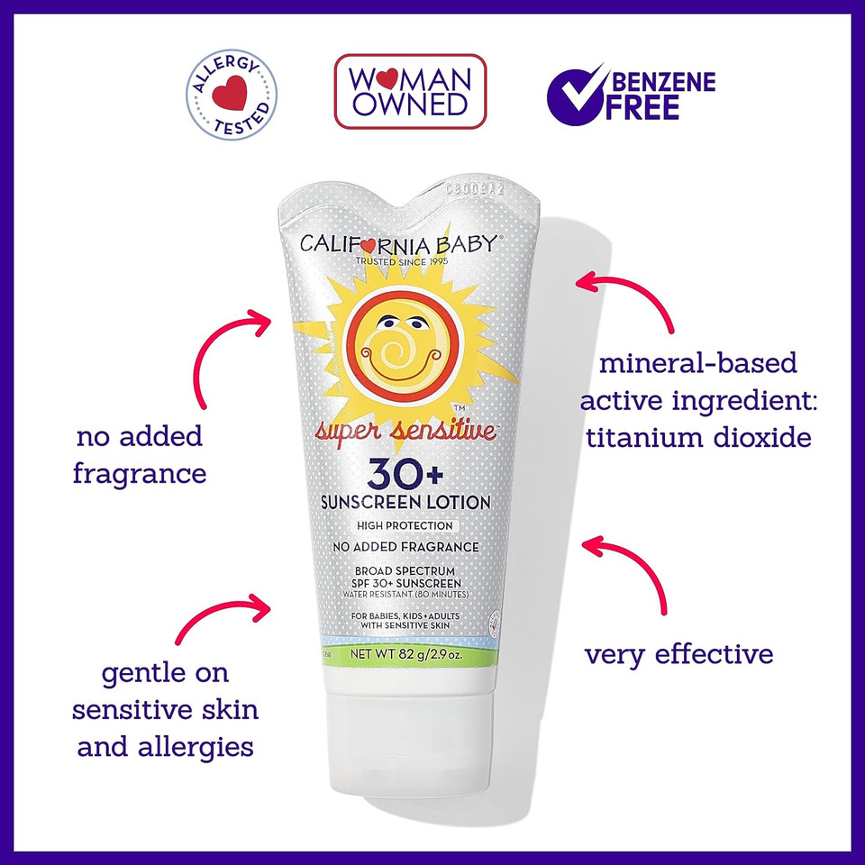 California Baby Super Sensitive Spf 30+ | Unscented Mineral Sunscreen | Baby Sunscreen For Face + Body | Travel Size Spf | 82G / 2.9Oz