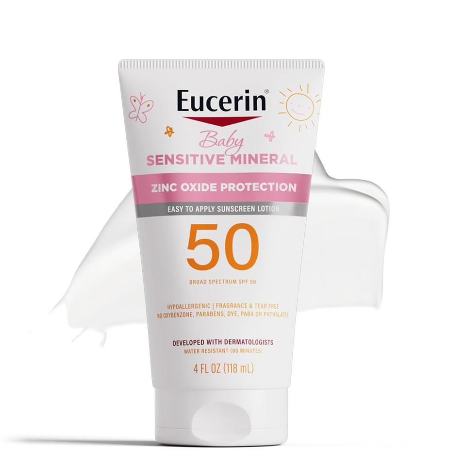 Eucerin Sun Sensitive Mineral Baby Sunscreen Lotion Spf 50 With Zinc Oxide Protection, Hypoallergenic Mineral Sunscreen For Babies, Tear Free And Fragrance Free, 4 Fl Oz Tube