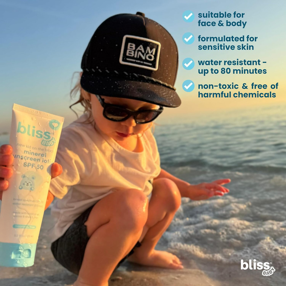 Bliss Baby Sunscreen, Premium Spf 50 Sunscreen Mineral Lotion, Natural Zinc Oxide, Hypoallergenic, Non-Toxic, Water-Resistant, Vegan, Sensitive Skin - For Babies, Toddlers, Kids & Whole Family