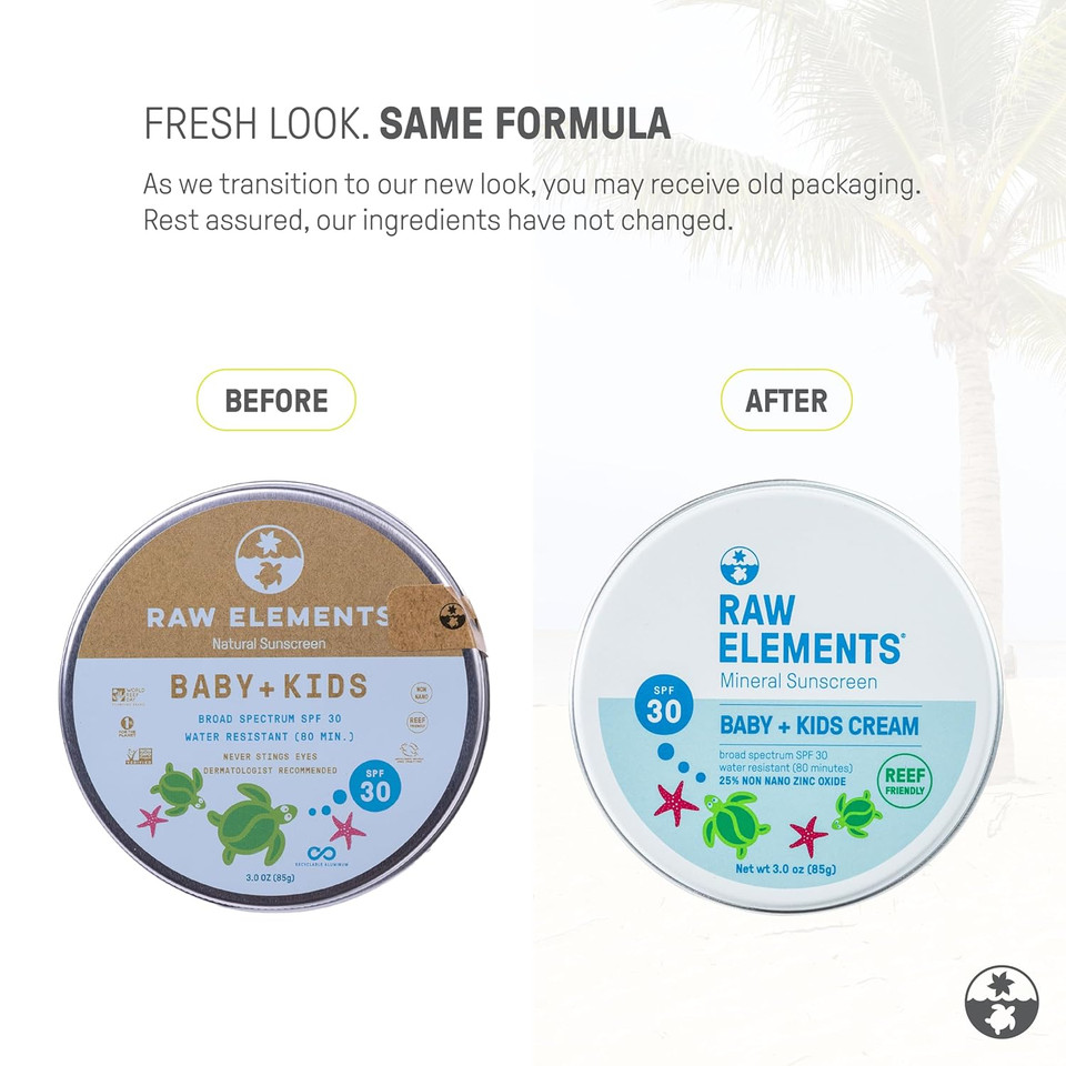 Raw Elements Baby & Kids Spf 30 Organic Sunscreen Tin, Non-Nano Zinc Oxide, Reef-Safe, Cruelty-Free, Gluten & Nut Free, Travel Sunblock 3.0 Oz