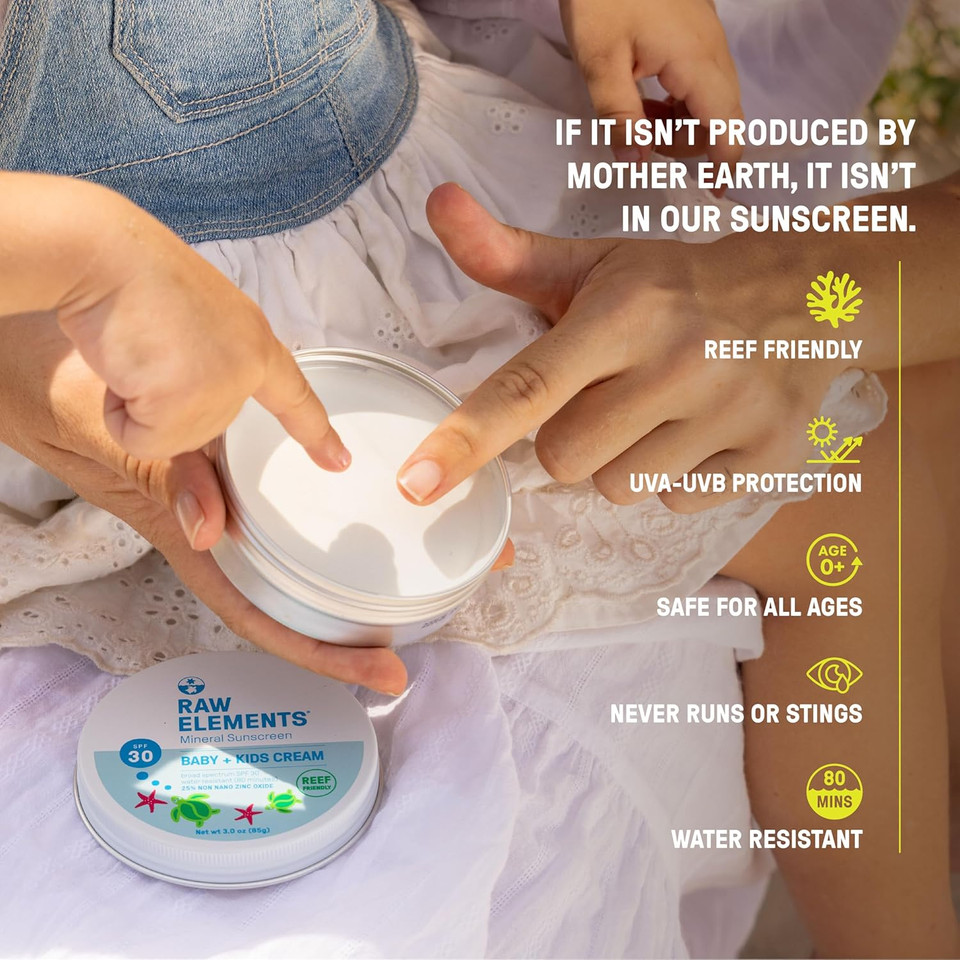 Raw Elements Baby & Kids Spf 30 Organic Sunscreen Tin, Non-Nano Zinc Oxide, Reef-Safe, Cruelty-Free, Gluten & Nut Free, Travel Sunblock 3.0 Oz
