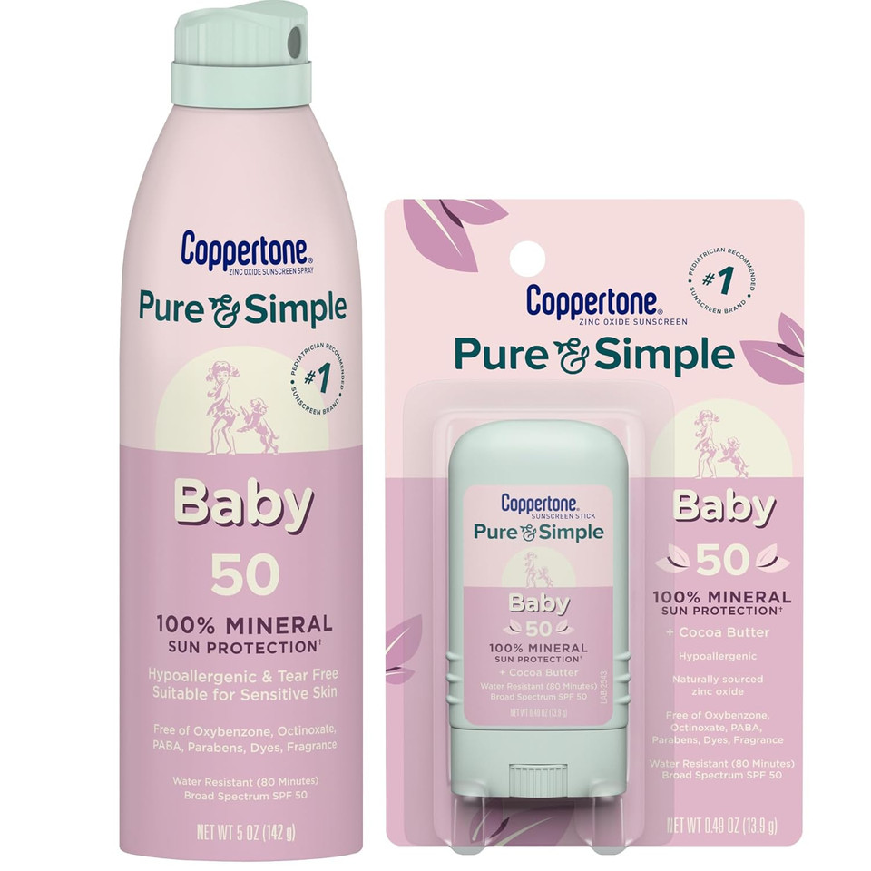 Coppertone Pure And Simple Baby Mineral Sunscreen Spray Spf 50 (5 Oz) + Baby Sunscreen Stick Spf 50 (0.49 Oz), Hypoallergenic And Tear Free