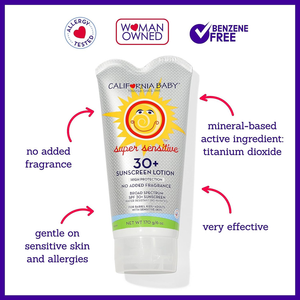 California Baby Super Sensitive Spf 30+| Unscented Mineral Sunscreen | Baby Sunscreen For Face + Body | Titanium Dioxide | 170 Grams / 6Oz
