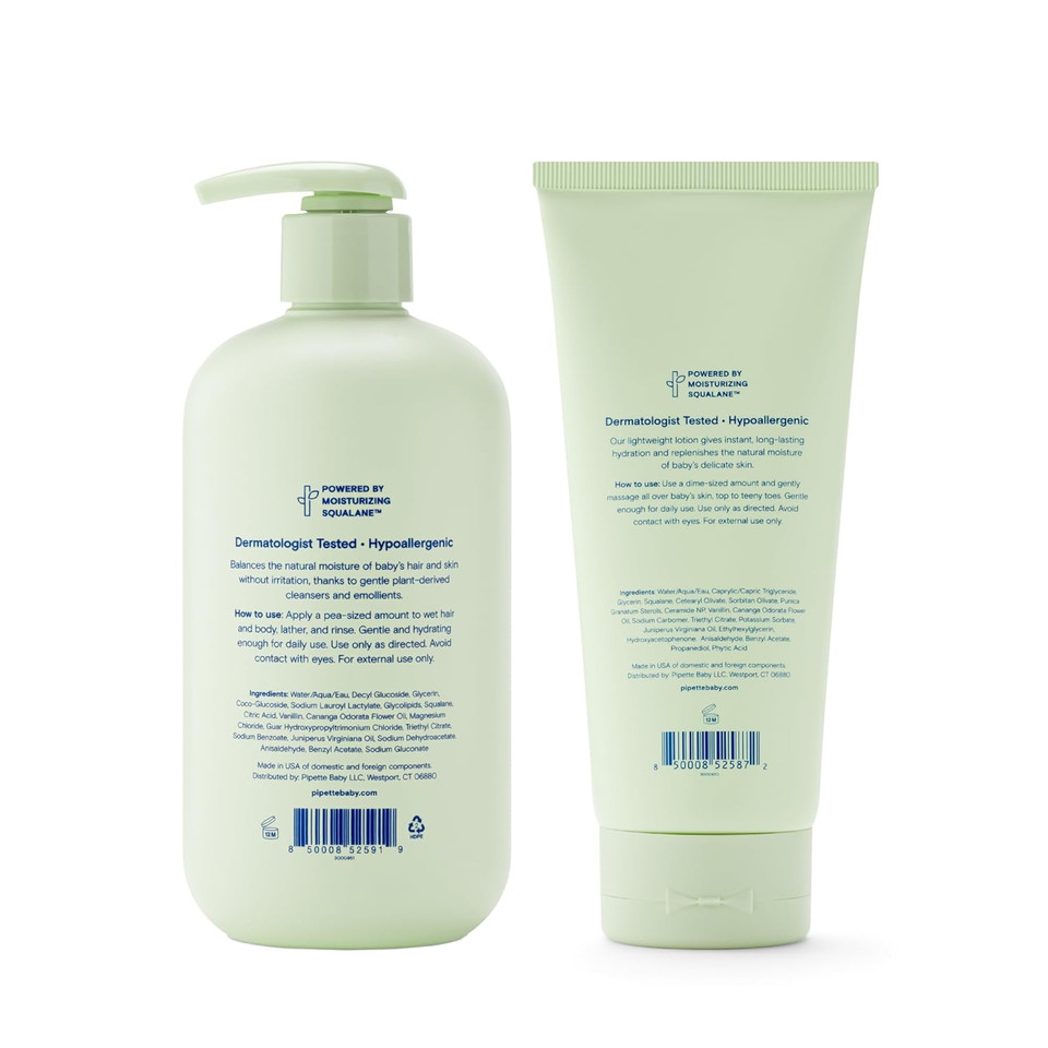 Pipette Vanilla + Ylang Ylang Baby Shampoo + Wash And Baby Lotion Duo, Clean, Tear-Free Bath Time, Sulfate-Free, Paraben-Free, Silicone-Free, Sensitive Skin, Hypoallergenic, Non-Toxic