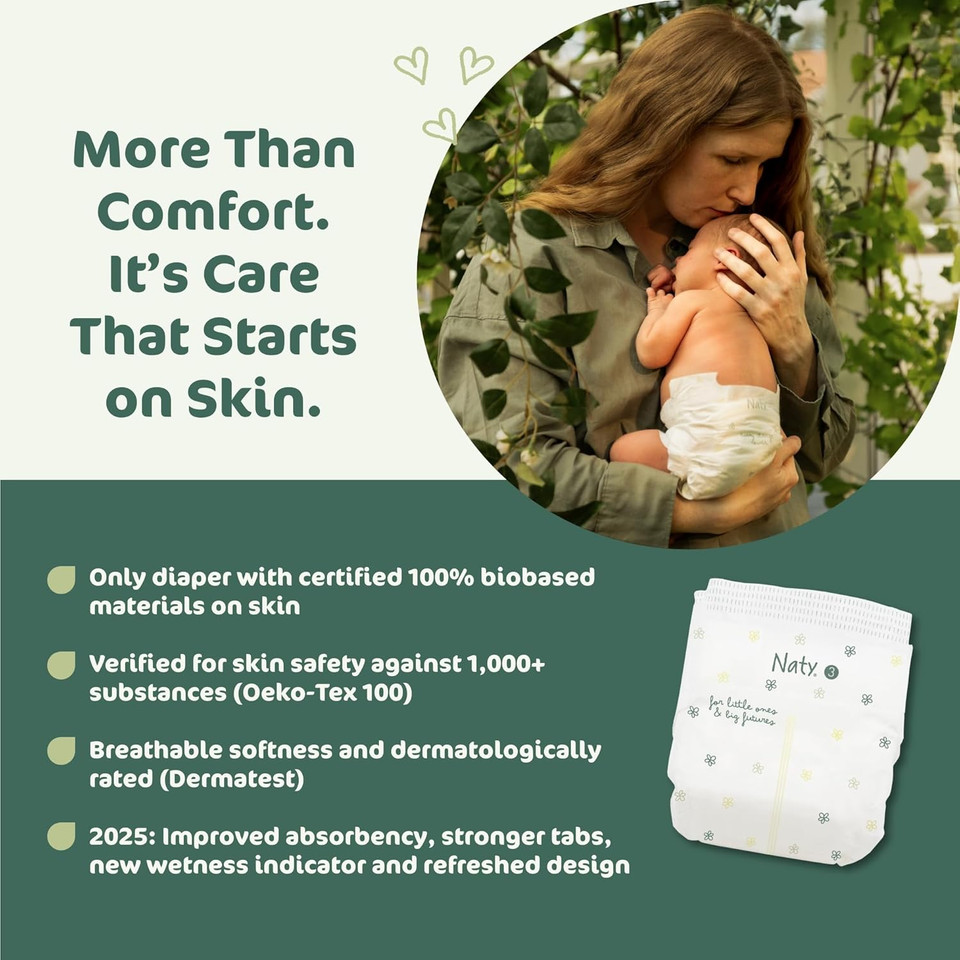 Naty Bioembrace Baby Diapers Size 3 (920 Lbs) | 100% Biobased On Skin | Plant-Based Softness | Dermatologically Tested, Super Absorbent | 180 Count