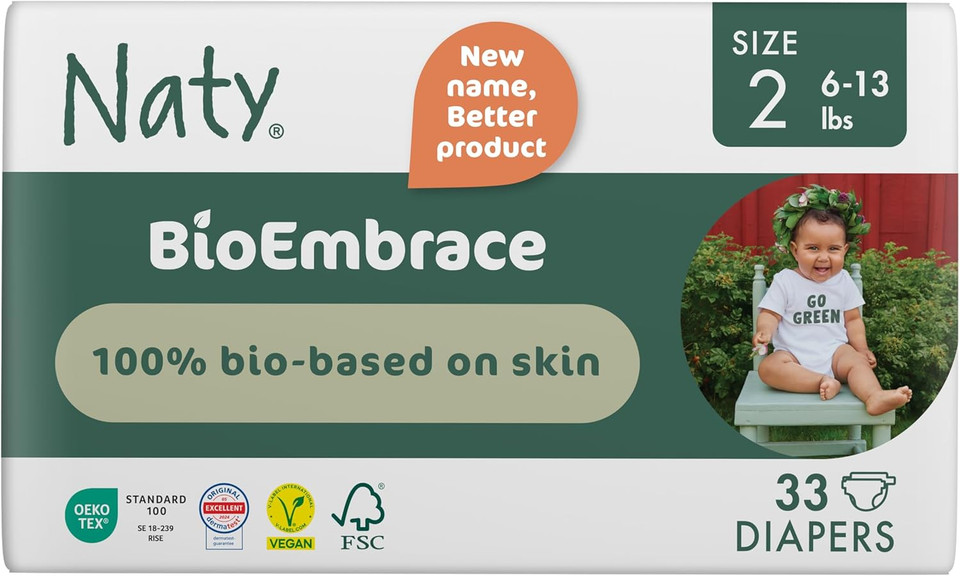 Naty Bioembrace Baby Diapers Size 4 (1540 Lbs) | 100% Biobased On Skin | Plant-Based Softness | Dermatologically Tested, Super Absorbent | 156 Count