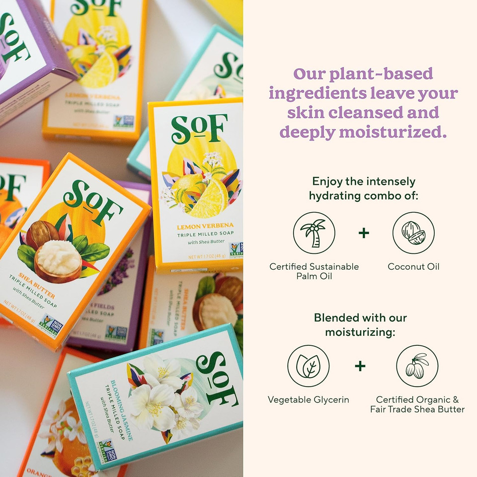Sof Triple Milled Bar Soap - With Coconut Oil & Organic Shea Butter- Vegan & Non Gmo- Free From Phthalates, Sulfates & Parabens- Travel Size Variety Pack - 1.7 Oz Bar 10 Travel Bars