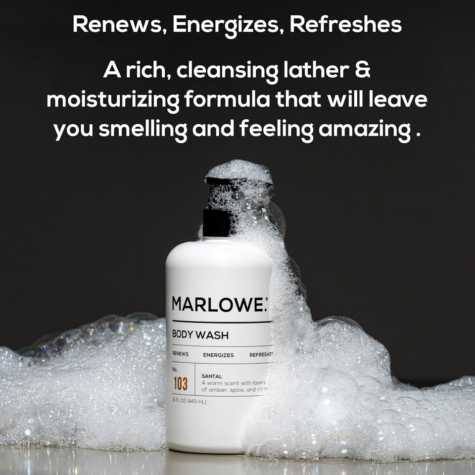 Marlowe. No. 103 Body Wash 15 Oz Pump, Santal, Energizing & Refreshing Shower Gel, Willow Bark & Green Tea Extracts, Cleanses, Moisturizes, Smooths & Nourishes, Warm Amber, Spice & Citron Scent