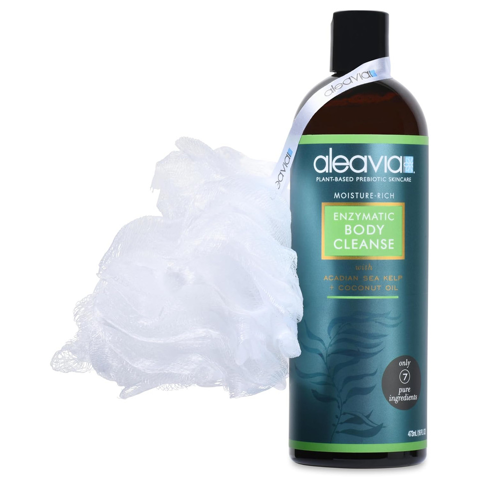 Aleavia Enzymatic Body Cleanse With Loofah Poof  Fragrance-Free Organic & All-Natural Prebiotic, Vegan Body Wash  Sulfate-Free Body Cleanser  16 Oz