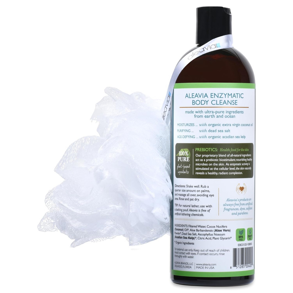 Aleavia Enzymatic Body Cleanse With Loofah Poof  Fragrance-Free Organic & All-Natural Prebiotic, Vegan Body Wash  Sulfate-Free Body Cleanser  16 Oz
