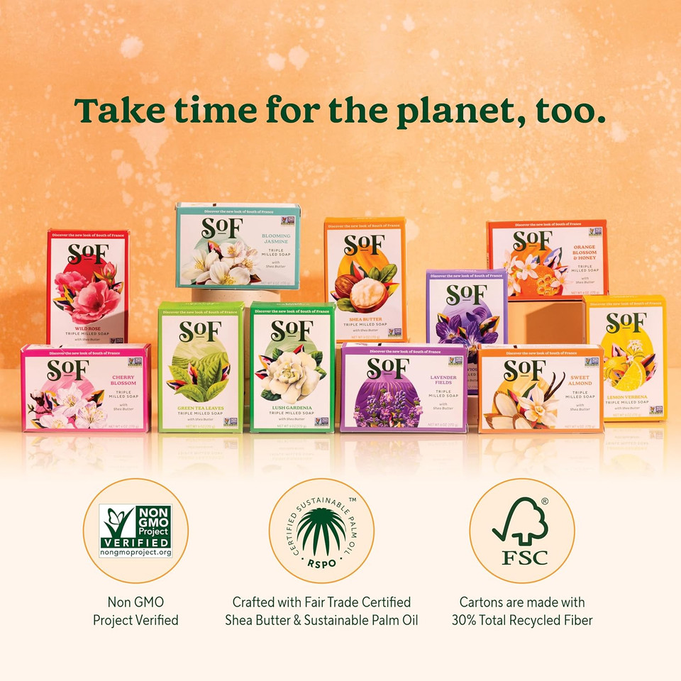 Sof Triple Milled Bar Soap - With Coconut Oil & Organic Shea Butter- Vegan & Non Gmo- Free From Phthalates, Sulfates & Parabens- Shea Butter - 6 Oz Bar 4 Bars