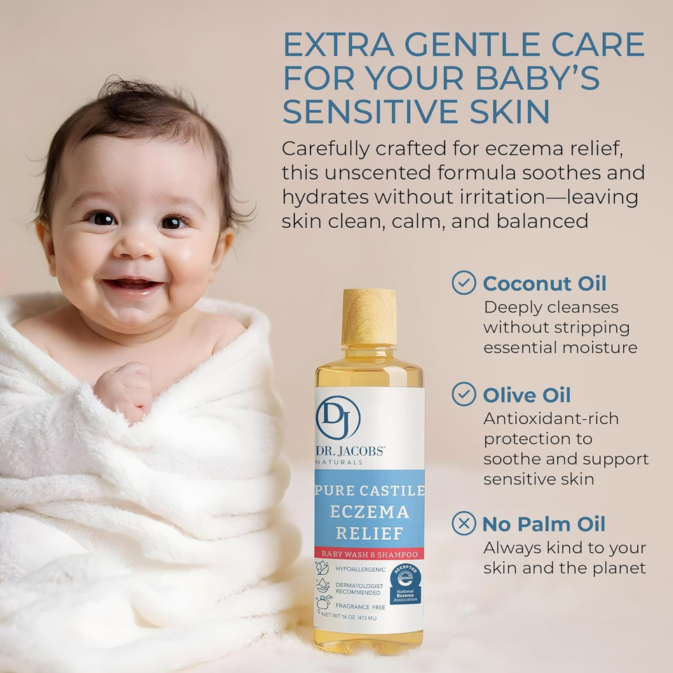 Dr. Jacobs Pure Castile Baby Wash - Effective Body Wash To Relieve Baby Eczema - Gentle Shampoo And Unscented Soap For Sensitive Skin, And Hypoallergenic - 16 Oz -2Pk