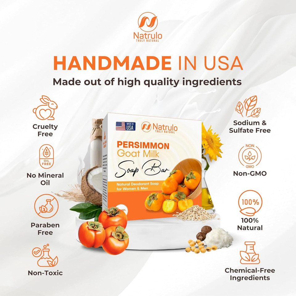 Persimmon Soap Bar For Body Odor Control  Purifying Deodorizing Body Wash With Goat Milk For Eliminating Body Odor  Great For Skin Brightening, Natural Deodorant Soap For Men & Women