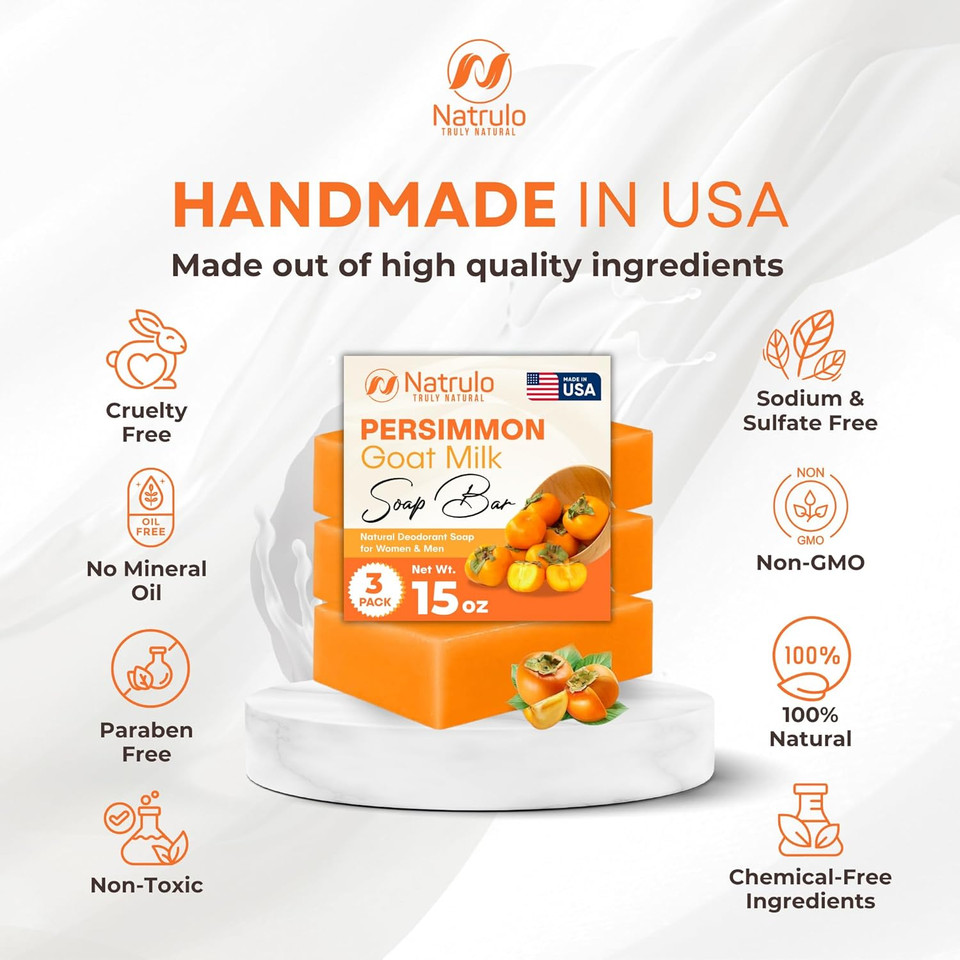 Persimmon Soap Bar For Body Odor Control  Purifying Deodorizing Body Wash With Goat Milk For Eliminating Body Odor  Great For Skin Brightening, Natural Deodorant Soap For Men & Women