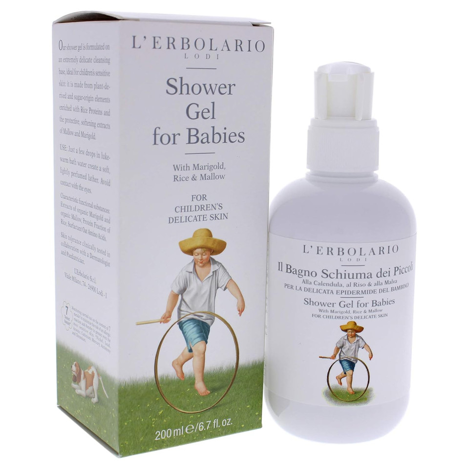 L'Erbolario Shower Gel For Babies - Extremely Delicate Cleansing Base - Ideal For ChildrenS Sensitive Skin - Enriched With Rice Proteins - Made With Protective And Softening Extracts - 6.7 Oz