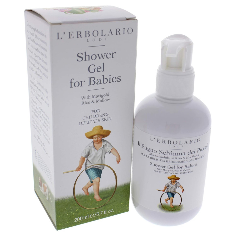L'Erbolario Shower Gel For Babies - Extremely Delicate Cleansing Base - Ideal For ChildrenS Sensitive Skin - Enriched With Rice Proteins - Made With Protective And Softening Extracts - 6.7 Oz