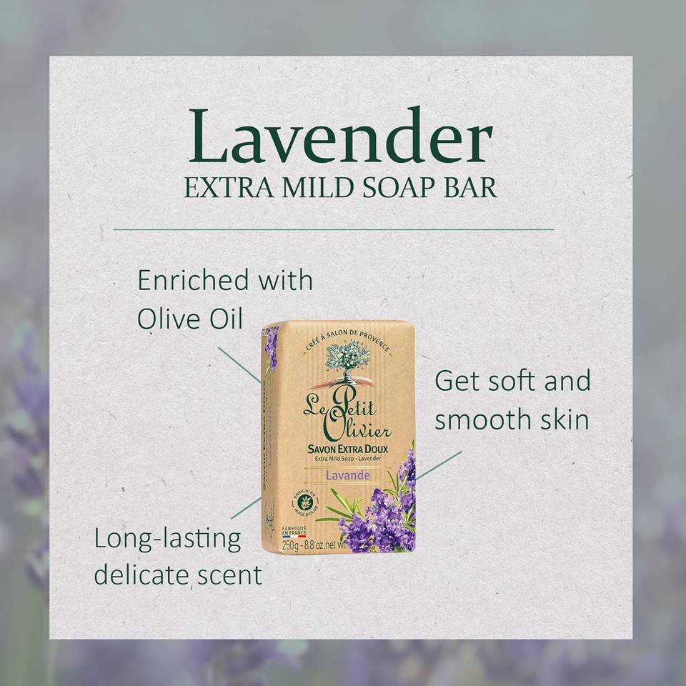 Extra Mild Soap - Lavender - Gently Cleanses Skin - Delicately Perfumed - Vegetable Origin Based - 8.8 Oz