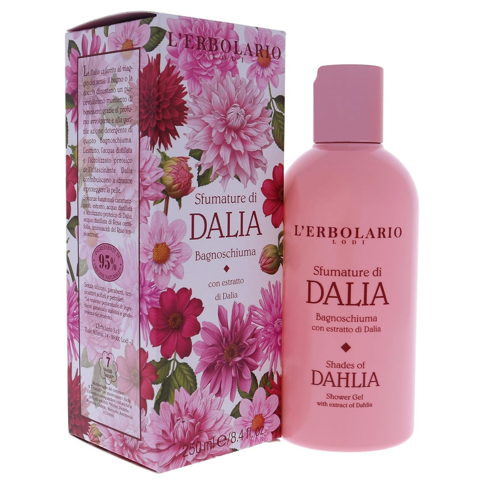 L'Erbolario Shower Gel  Moisturizing Body Wash For Hydrated Skin  Softening, Protecting Floral Body Soap For Daily Use - Shades Of Dahlia - 8.4 Oz