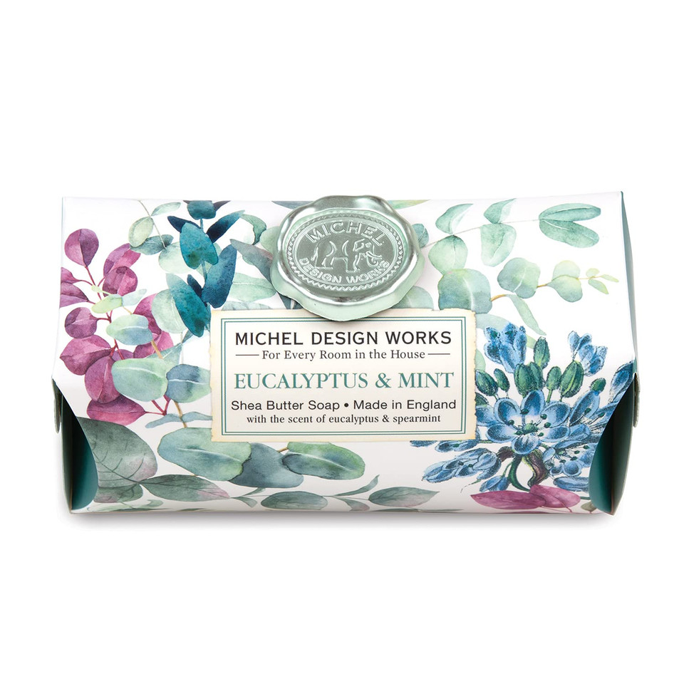 Michel Design Works Triple-Milled And Handmade Large Bath Soap Bar, Eucalyptus & Mint Scent And Design With Shea Butter, Long Lasting 8.7Oz Bar