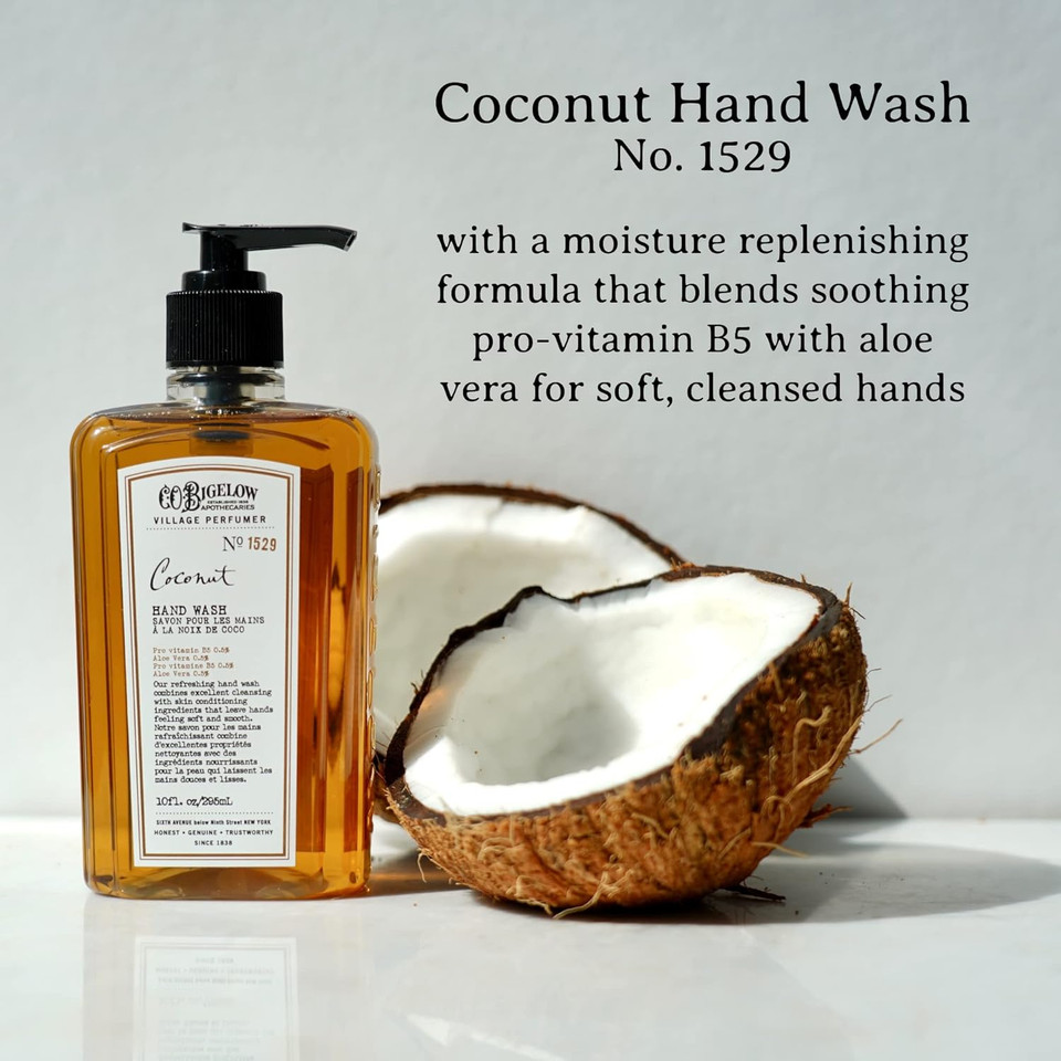 C.O. Bigelow Hand Wash Coconut, Village Perfumer Moisturizing Hand Soap For Bathroom & Kitchen With Aloe Vera And Pro-Vitamin B5, 10 Fl Oz