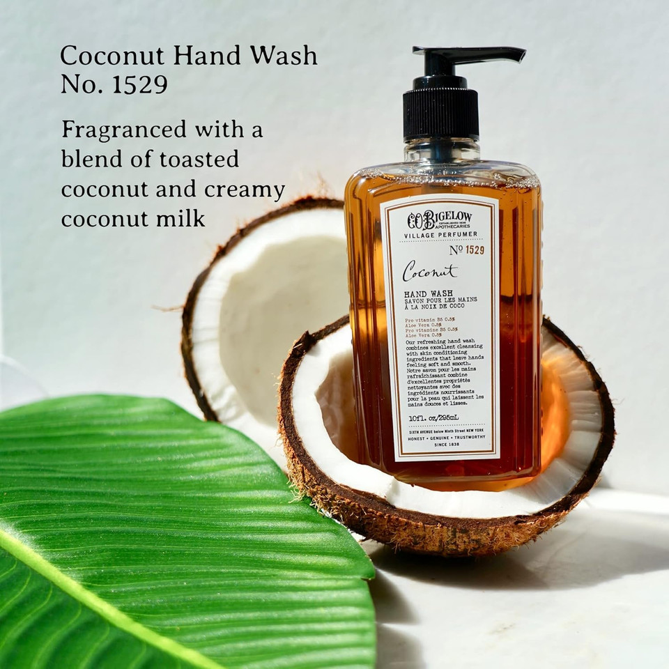C.O. Bigelow Hand Wash Coconut, Village Perfumer Moisturizing Hand Soap For Bathroom & Kitchen With Aloe Vera And Pro-Vitamin B5, 10 Fl Oz
