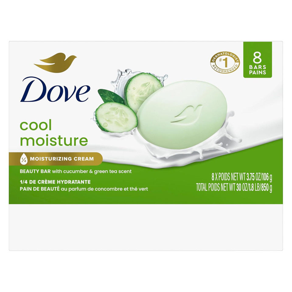 Dove Beauty Bar Soap Cool Moisture Cucumber & Green Tea Scent, 8 Bars For Refreshed Skin, Leaves Skin Refreshed 3.75 Oz
