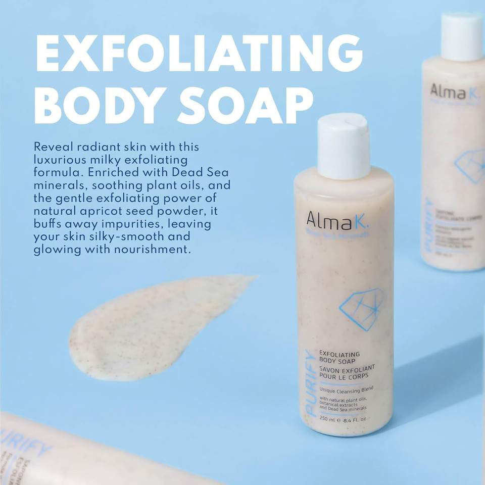 Alma K Exfoliating Body Soap - Exfoliating Body Wash For Women - Body Soap With Dead Sea Minerals - Moisturizing Natural Soap - Liquid Soap - 8.4 Oz
