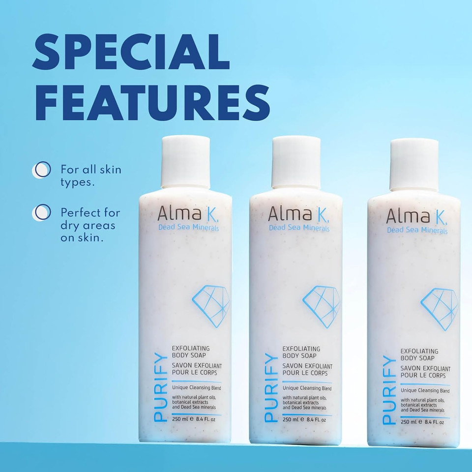 Alma K Exfoliating Body Soap - Exfoliating Body Wash For Women - Body Soap With Dead Sea Minerals - Moisturizing Natural Soap - Liquid Soap - 8.4 Oz