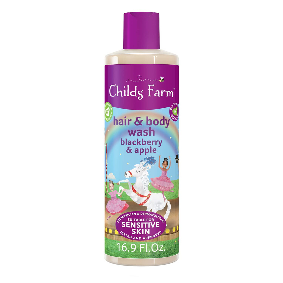 Childs Farm, Kids Hair & Body Wash For Dry, Sensitive Skin, Blackberry & Organic Apple, Gently Cleanses, Vegan, Cruelty-Free, 16.9 Fl Oz