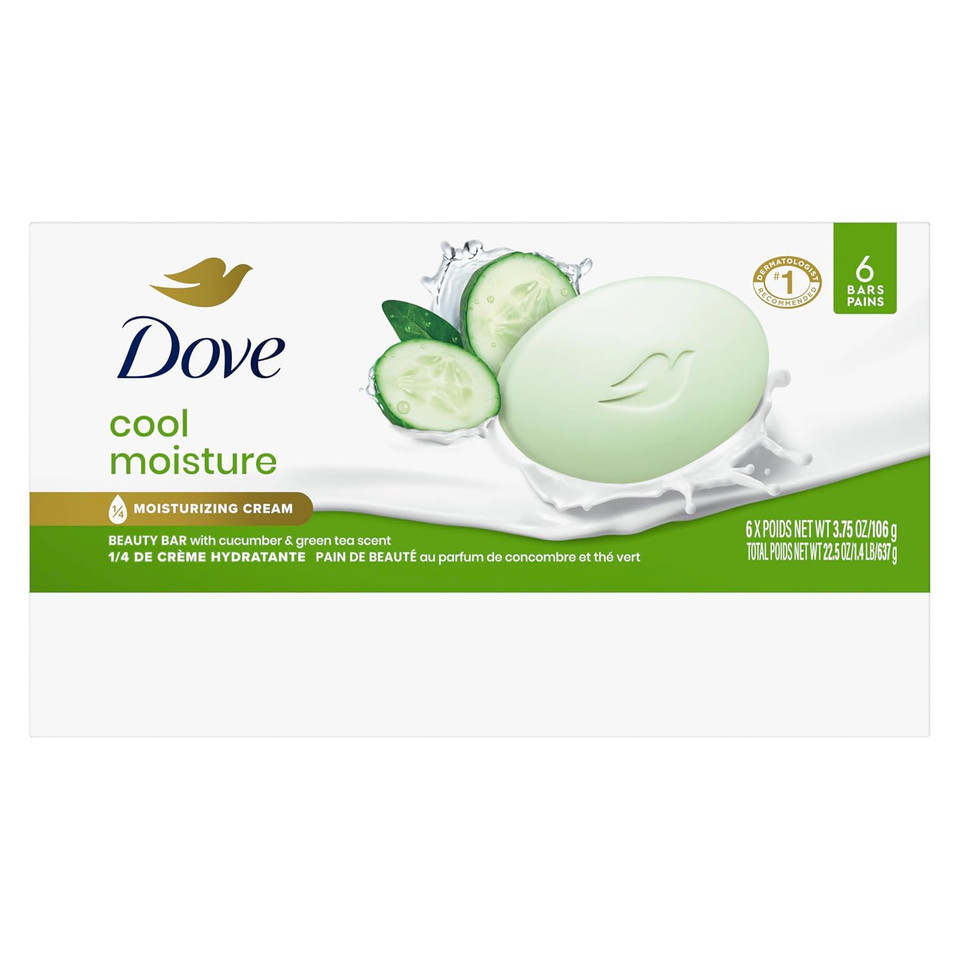 Dove Beauty Bar Soap Cool Moisture Cucumber & Green Tea Scent 6 Count For Refreshed Skin, Leaves Skin Refreshed 3.75 Oz