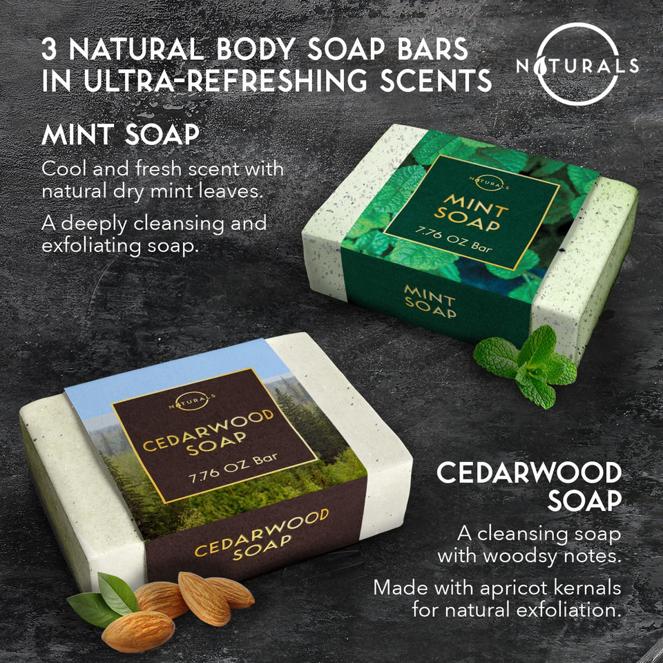 O Naturals Bar Soap For Men - 3-Pcs Mens Soap Bar - Natural Soap - Mens Bar Soap - Body Soap Bars - Men Soap - Natural Soap For Men - Organic Men'S Soap Bars - Exfoliating Soap Bar - Citrus,Olive&Mint