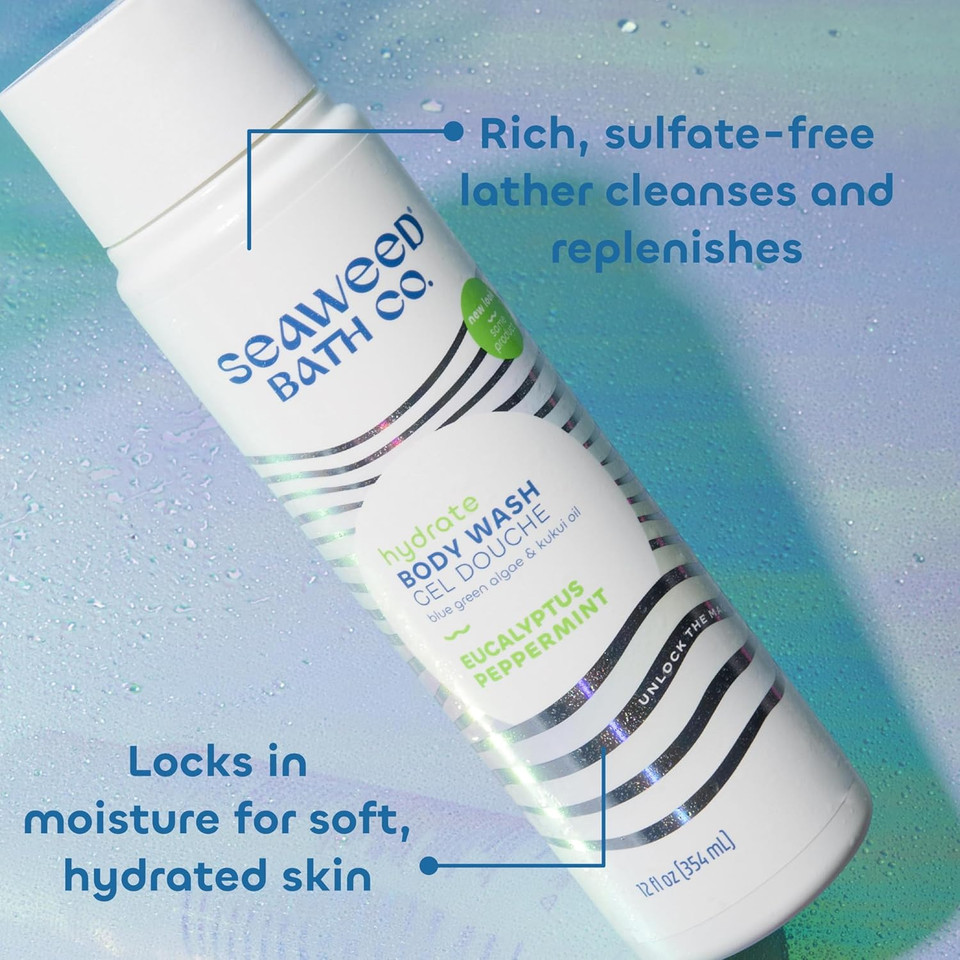 Seaweed Bath Co. Hydrate Body Wash, Eucalyptus Peppermint Scent, 12 Ounce, Shower Gel For Men & Women, Vegan, Paraben Free, Sulfate Free, Cruelty Free