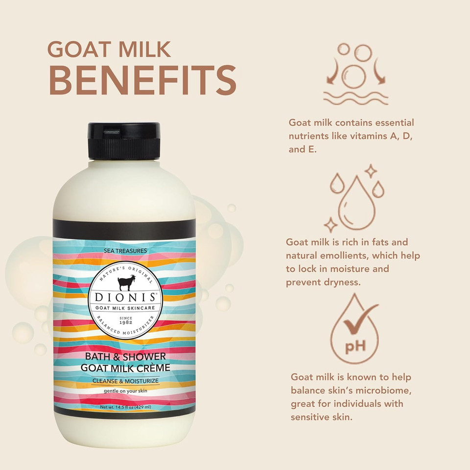 Dionis Goat Milk Skincare Sea Treasures Bath Soap & Liquid Shower Crème, Rich, Creamy Cruelty Free, Paraben Free Hydration Body Wash Cleanser, Soap Moisturizer For Sensitive Skin, 14.5 Oz Bottle