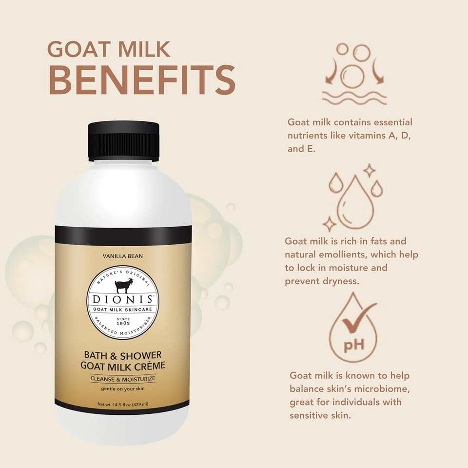 Dionis Goat Milk Skincare Vanilla Bean Bath Soap & Liquid Shower Crème, Skin Moisturizer & Hydrating Body Wash Made In The Usa, Cruelty Free Shower Gel For Sensitive Skin, 14.5 Oz Bottle