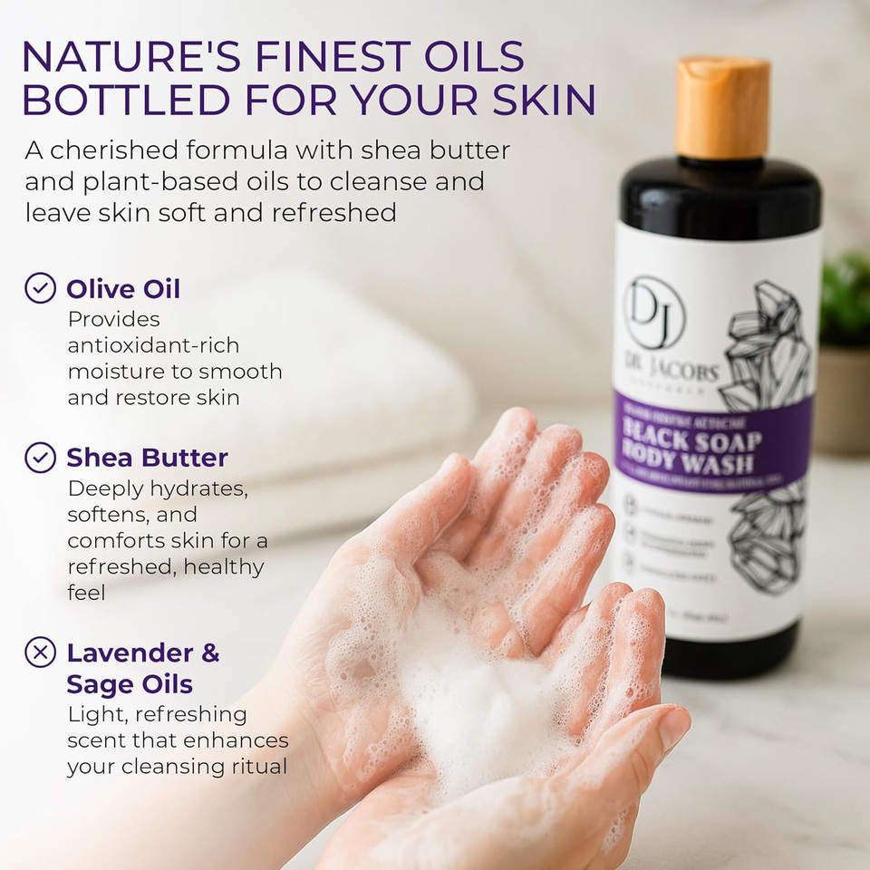Dr Jacobs Naturals Authentic African Black Liquid Soap With Lavender & Sage Scent All-In-One Face Wash, Sensitive Skin Body Wash, Shampoo, Shaving Soap | Moisturizing And Nourishing Formula 32Oz 1Pk