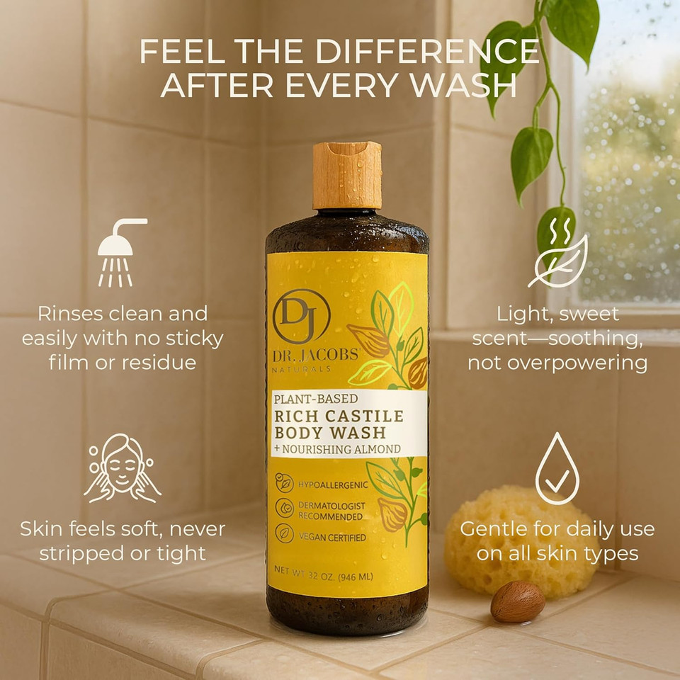 Dr. Jacobs Naturals Castile Almond All-Natural Body Wash For Moisturizing Dry And Sensitive Skin With Plant-Based Ingredients With Pump - 32 Ounce