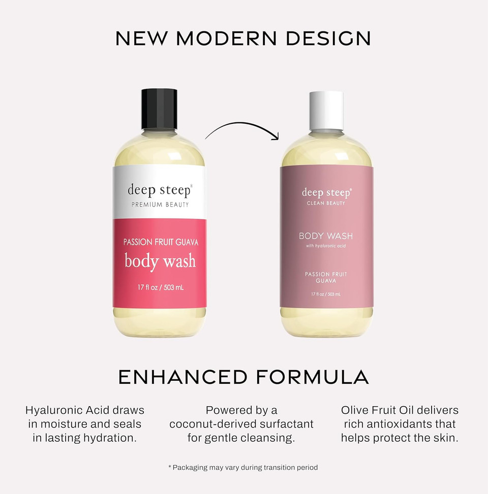 Deep Steep Body Wash, Passion Fruit Guava, 17 Oz  Hydrating Shower Gel With Hyaluronic Acid, Shea Butter, Aloe Vera & Argan Oil  Vegan, Clean Beauty, Clean & Refreshed Skin