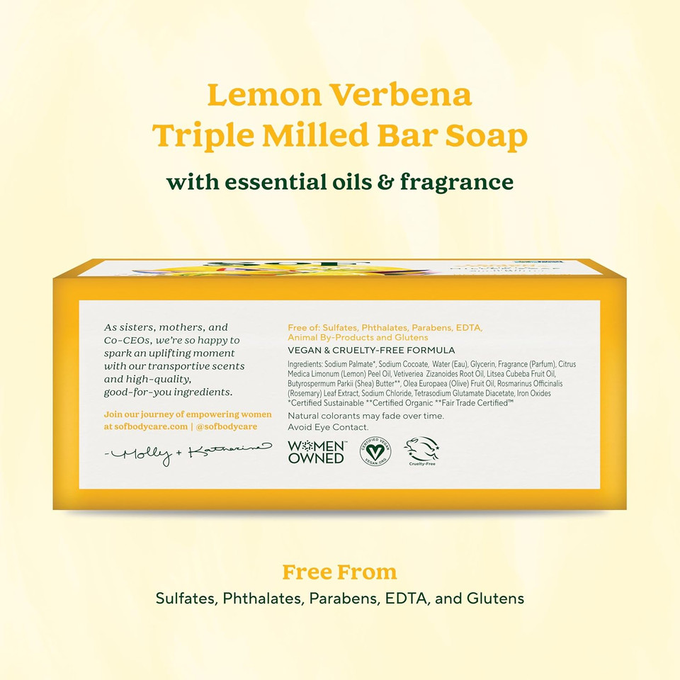 Sof Triple Milled Bar Soap - With Coconut Oil & Organic Shea Butter- Vegan & Non Gmo- Free From Phthalates, Sulfates & Parabens- Lemon Verbena - 6 Oz Bar 6 Bars