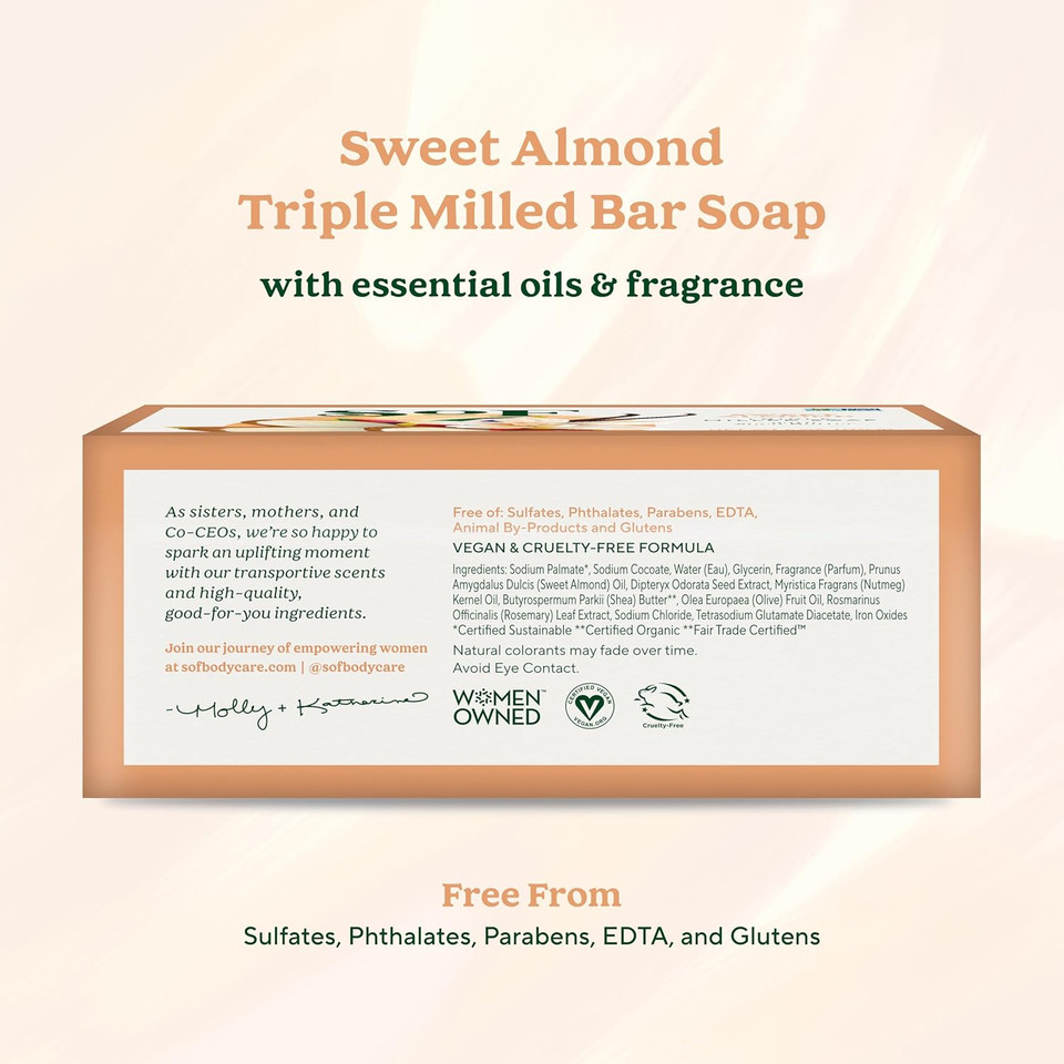 Sof Triple Milled Bar Soap - With Coconut Oil & Organic Shea Butter- Vegan & Non Gmo- Free From Phthalates, Sulfates & Parabens- Sweet Almond - 6 Oz Bar 6 Bars