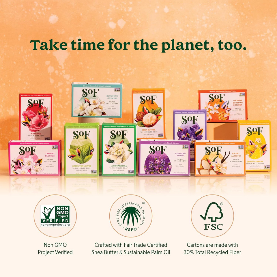 Sof Triple Milled Bar Soap - With Coconut Oil & Organic Shea Butter- Vegan & Non Gmo- Free From Phthalates, Sulfates & Parabens- Sweet Almond - 6 Oz Bar 6 Bars